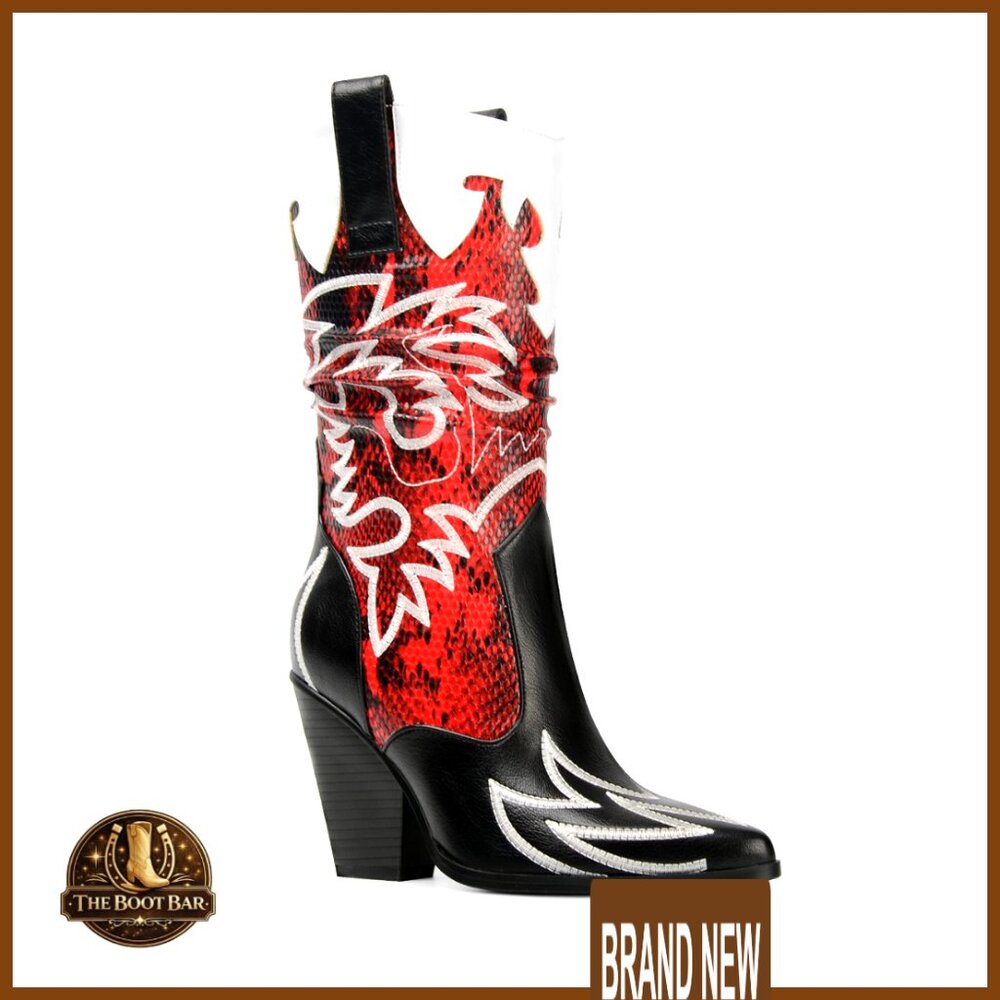 Women's Cowboy Boots Mid Calf Embroidery Chunky Heel Western Wide Calf